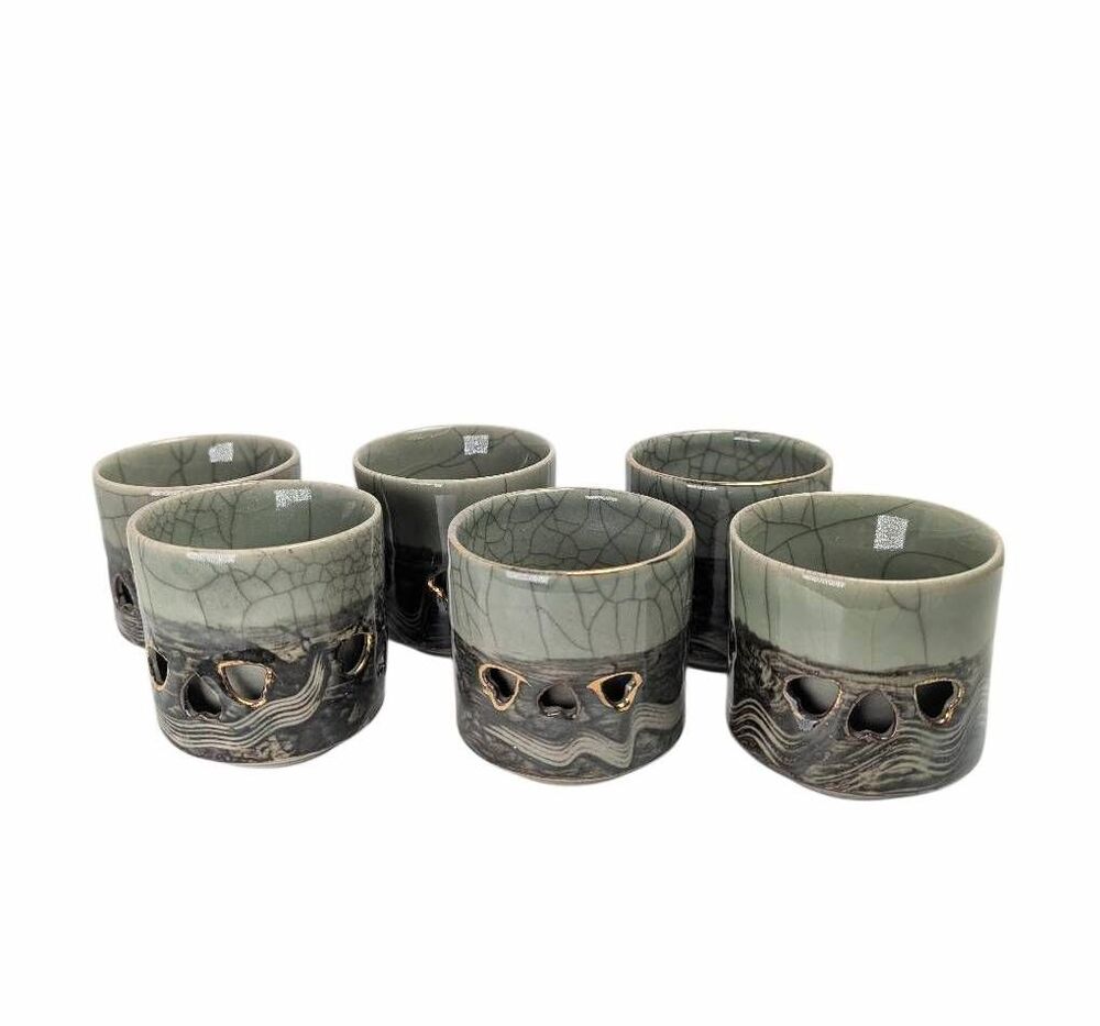 Vintage Somayaki Japanese Tea Cups Set of 6  Crackle Celadon Double Walled Horse
